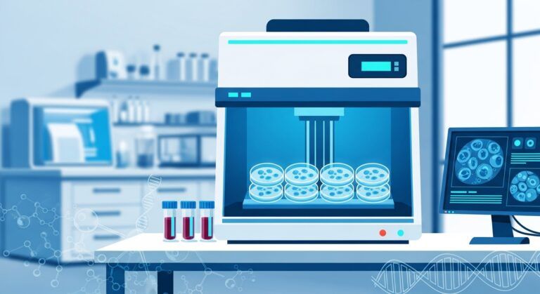 A bright, clean cutting-edge medical laboratory in the background, with a large fully-automated cell culture device as the central focus. Inside the device, multiple cell culture dishes glow softly in blue. Beside the device, small vials of blood samples and a digital monitor displaying microscopic cell images. The overall color palette features futuristic blues and whites with soft cyan accents. In the foreground, faint translucent overlays of molecular structures and DNA double helixes. Style: not photorealistic, but a sophisticated flat illustration combined with geometric lines, conveying an intelligent and forward-looking impression. No text, no human figures. Horizontal 16:9 composition. - innovaTopia