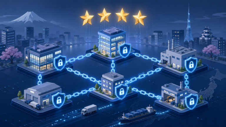 A modern, conceptual illustration symbolizing supply chain cybersecurity for Japanese SMEs. A clean, minimalist isometric scene showing interconnected office buildings and factories linked by glowing digital chains. Above them, three to four golden stars float as quality ratings, with shield icons protecting each node. Cool blue and navy color palette with accents of gold for the stars. Subtle Japanese business district background. Flat vector style, professional, futuristic, with a sense of trust and security. No text. 16:9 aspect ratio. - innovaTopia