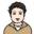 Cartoon portrait of a smiling person with dark hair wearing a brown jacket.