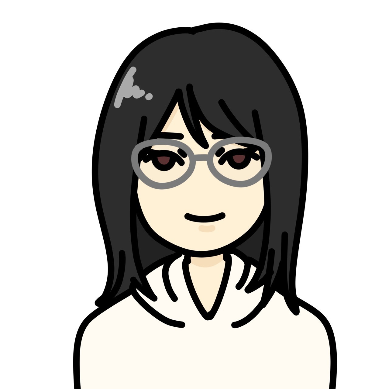 Illustration of a woman with long black hair and glasses, wearing a light sweater.