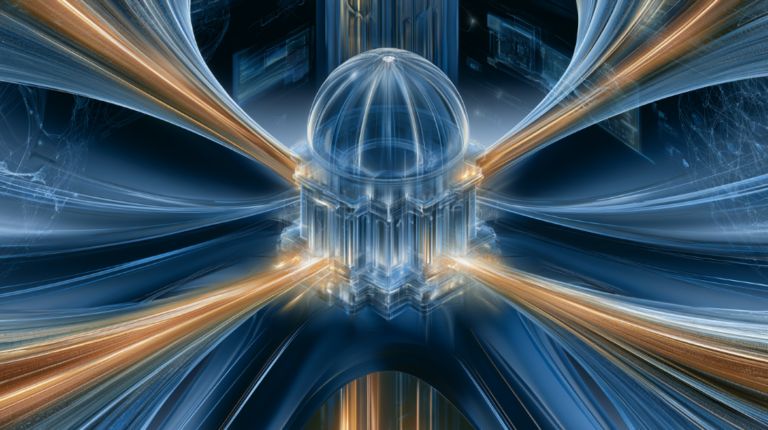 A conceptual editorial illustration symbolizing AI's societal impact research from inside a frontier AI lab. Centered on a glowing transparent observatory or institute building, with four luminous data streams flowing outward representing four research pillars: economy, security threats, society, and recursive AI development. Subtle holographic charts, network nodes, and abstract neural patterns float in the background. Cool blue and deep navy color palette with warm amber accents for emphasis. Modern, minimalist, slightly futuristic editorial style. Cinematic lighting, high detail, no text, 16:9 composition, suitable for a tech media thumbnail. - innovaTopia