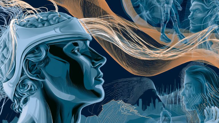 A futuristic editorial illustration depicting a brain-computer interface research scene. In the foreground, a stylized human silhouette wears a sleek minimally invasive electrode cap, with glowing neural signal lines flowing from the brain to a holographic interface. The background shows abstract motifs symbolizing rehabilitation (a walking lower-limb device), fatigue detection (EEG waveforms), and deepfake detection (a split image of real and AI-generated faces). Color palette uses deep navy blue and cyan with accents of warm orange. Subtle Chinese architectural silhouettes of Hefei skyline appear faintly in the background. Modern, clean, tech-editorial style. No text, no logos, no recognizable real persons. 16:9 aspect ratio. - innovaTopia