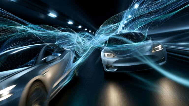 A futuristic visualization of two autonomous vehicles passing each other in opposite directions inside a long modern tunnel, with multiple millimeter-wave antenna nodes distributed along the tunnel walls at regular intervals. Glowing blue and cyan wireless signal waves emanate from the antennas, forming dynamic mesh-like beam patterns connecting to both vehicles simultaneously. The vehicles emit soft white headlights and have subtle data visualization overlays around them. Sleek tech aesthetic, dark tunnel background with luminescent signal lines, cinematic perspective from a low angle, high-tech blueprint feel. Color palette: deep navy, electric blue, cyan accents, with warm white highlights. No text, no logos. 16:9 aspect ratio. - innovaTopia