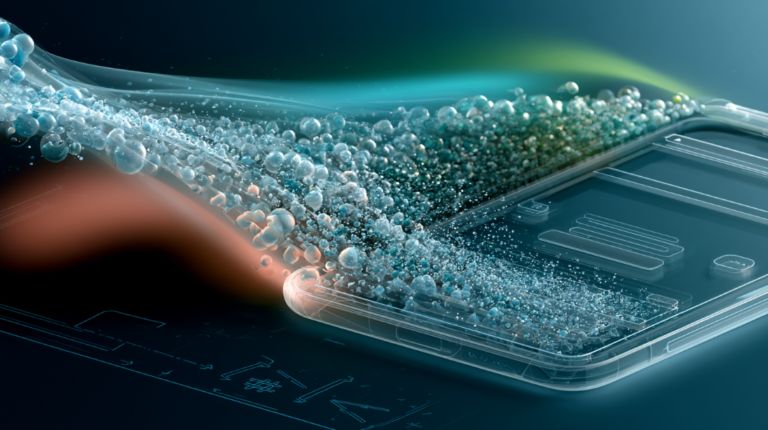 A wide cinematic illustration of a futuristic AI design canvas. On the left side, a stream of translucent glowing particles representing an AI agent flows gracefully toward the right, where it progressively forms the outline of a smartphone UI mockup in real time. The particles converge and crystallize into clean interface elements — buttons, cards, a navigation bar. Background uses a smooth gradient from deep navy to teal, with soft accent glows in cyan, lime, and coral reminiscent of Google's brand palette. Subtle geometric markdown-inspired motifs (#, code-block brackets, arrows) float as faint patterns in the foreground. Style: minimal, geometric, editorial tech-magazine aesthetic, flat vector illustration with soft glow, lots of negative space, no text, no logos, no human figures. Aspect ratio 16:9. - innovaTopia