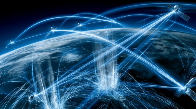 A sleek, futuristic illustration viewed from orbit: multiple satellites circling Earth, each linked by glowing blue laser beams forming an optical mesh network. Streams of light rise from terrestrial fiber-optic networks on the ground, passing through the atmosphere to connect with the satellites, visualizing ground and space merging into a single seamless network. Deep cosmic blue gradient background, clean and sophisticated tech aesthetic, no text. Wide 16:9 aspect ratio. - innovaTopia