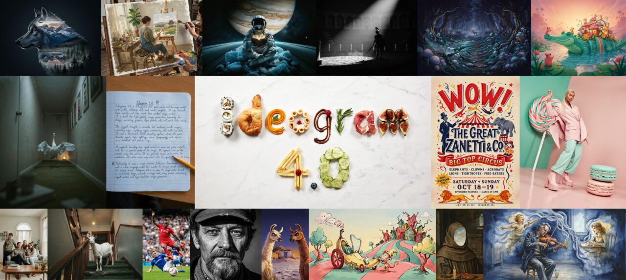 Collage of diverse images: art, space, theater, forests, circus poster, fashion, and a food-centered centerpiece that spells 'good food'.