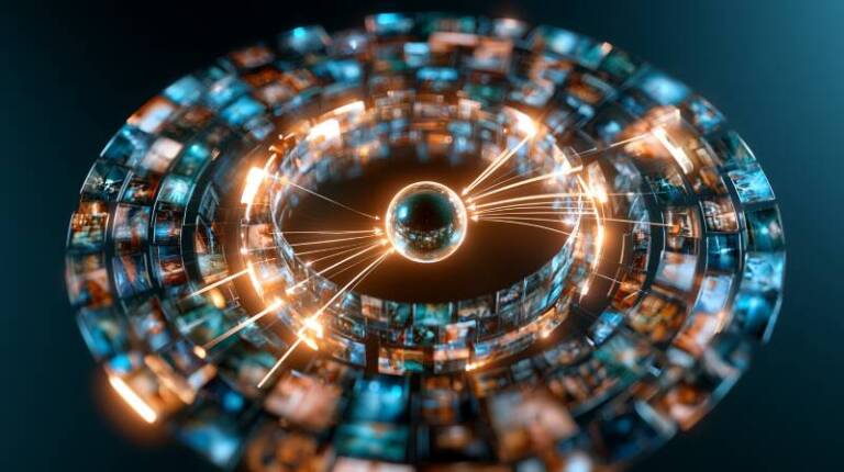 Centered circular composition, a ring of small abstract image tiles surrounding one large glowing sphere at the exact center of the frame, several tiles in the ring lit far brighter than the others as if selected, thin luminous arrows flowing inward from the lit tiles into the sphere and outward again, completing a closed circular loop, deep charcoal background with soft radial gradient, minimal flat vector infographic illustration, clean geometric shapes, strong contrast, cyan and warm amber accents, generous negative space, symmetrical, large simple forms readable at small size, no text, no letters, no numbers, no logo, no watermark --ar 16:9 --style raw --stylize 150 - innovaTopia