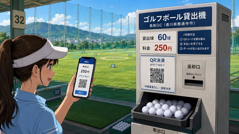 JPYC決済対応のゴルフボール貸出機、香川で運用開始 QRコードと250円で60球、決済事業者は不在