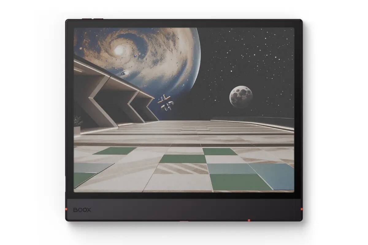 BOOX e-reader showing a space scene with a planet, moon, stars, and a tiled foreground on a black frame.