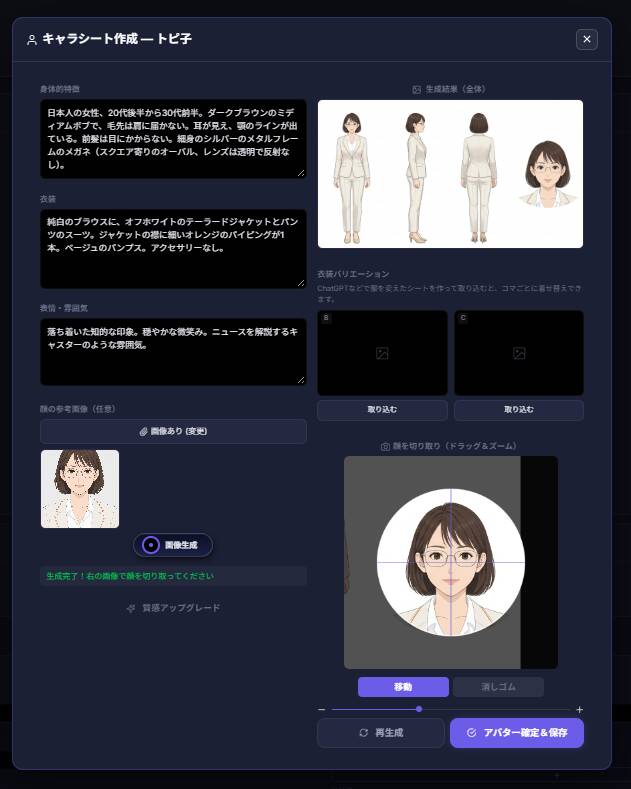 AI漫画Studioのキャラクターシート作成画面。文章3欄と顔の参考画像から、伊野部トピ子の全身3方向と顔のアップが生成されている