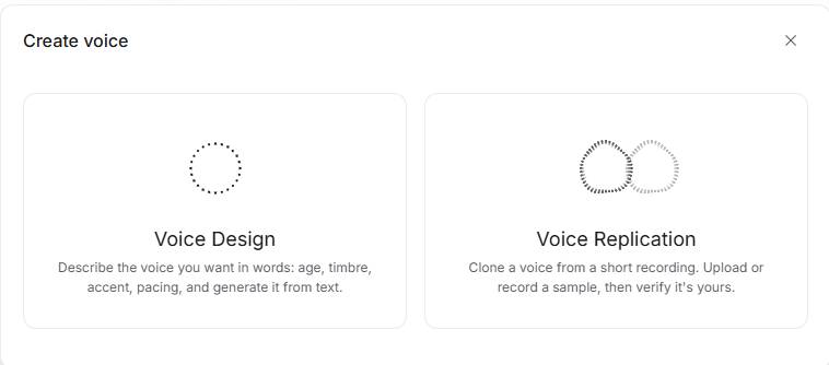 「Create voice」の画面。文章で声を作る「Voice Design」と、録音から声を写す「Voice Replication」の2つの入口が並ぶ。