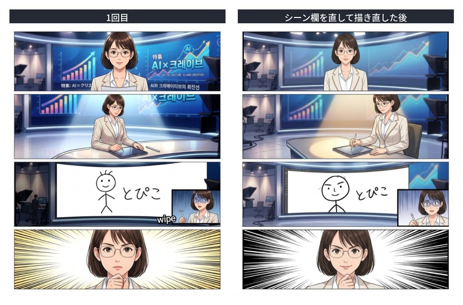 サイトから作った4コマの描き直しの前後。左の1回目はモニターの文字が韓国語になり、小窓に「wipe」の文字が入っている。右の描き直し後は、それらの文字が消えている