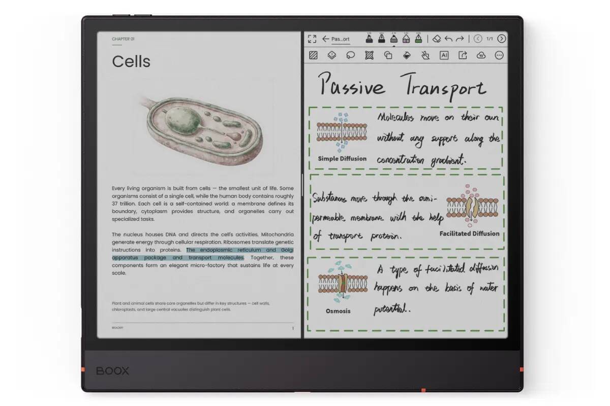 Tablet screen displaying a biology spread: left page shows a cell diagram with text, right page titled 'Passive Transport' with diffusion and osmosis diagrams.