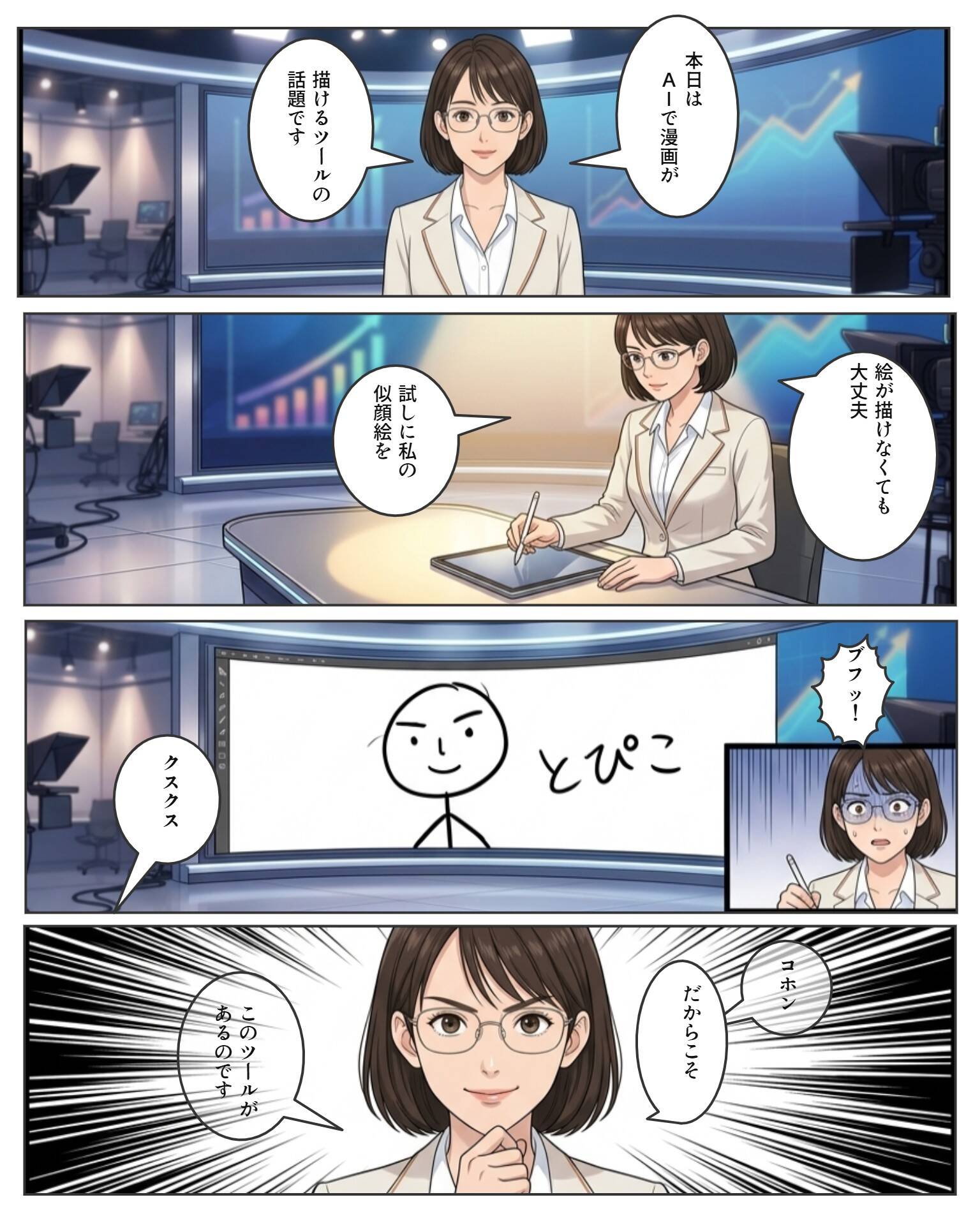 サイトから作った4コマの完成ページ。ニュースキャスターのトピ子がAI漫画ツールを紹介し、モニターに「とぴこ」と書かれた棒人間が映り、最後に集中線を背に真顔でまとめる