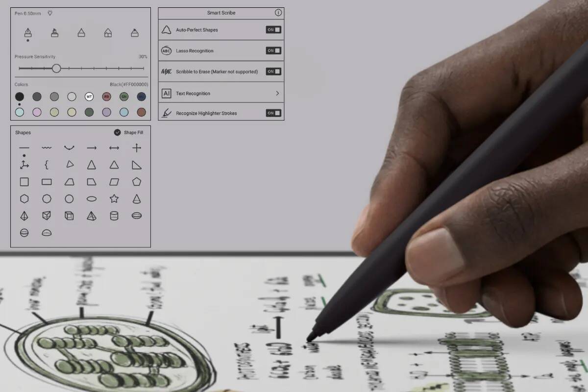 Close-up of a hand holding a stylus, drawing on a technical diagram while a drawing app toolbar with shapes and tools is visible in the background.