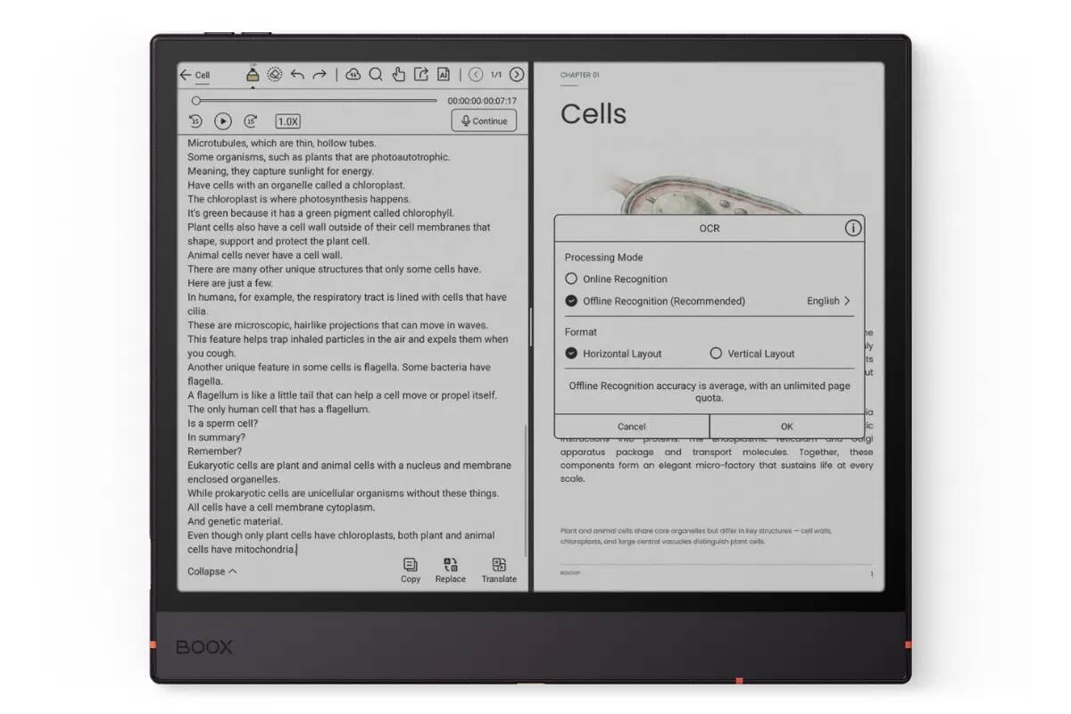 BOOX e-reader showing a split view: document text on the left and an OCR settings dialog on the right, within a dark frame.