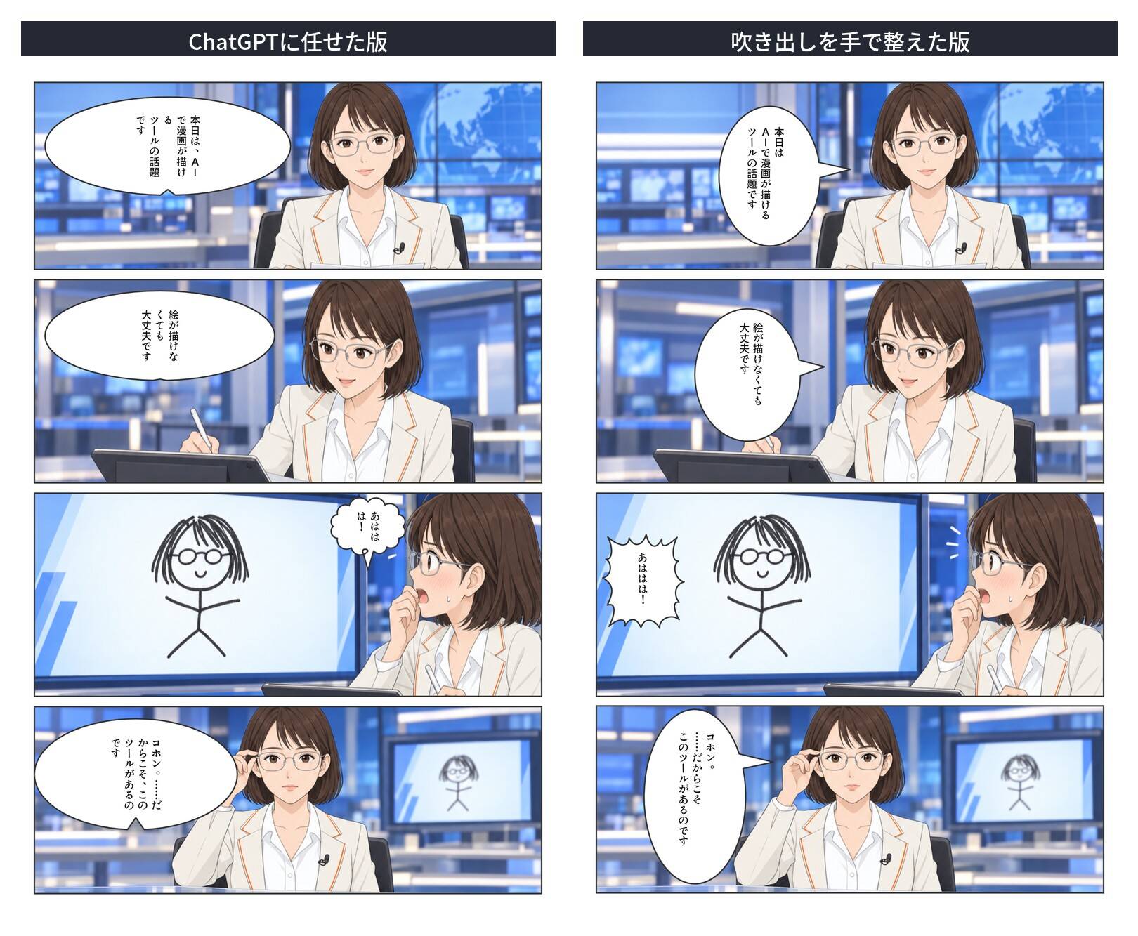 ChatGPTから作った4コマの比較。左はChatGPTに任せた版で、吹き出しは楕円のみ。右はAI漫画Studioのキャンバスで吹き出しを整えた版で、笑い声がギザギザの吹き出しになっている