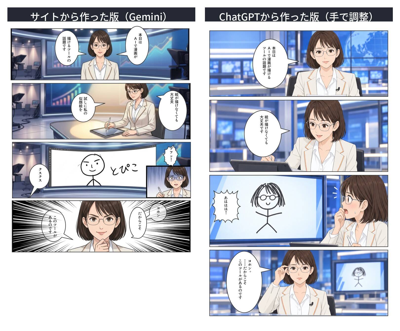 同じ4コマ漫画の比較。左はサイトから作った版(作画:Gemini)、右はChatGPTから作って吹き出しを手で整えた版