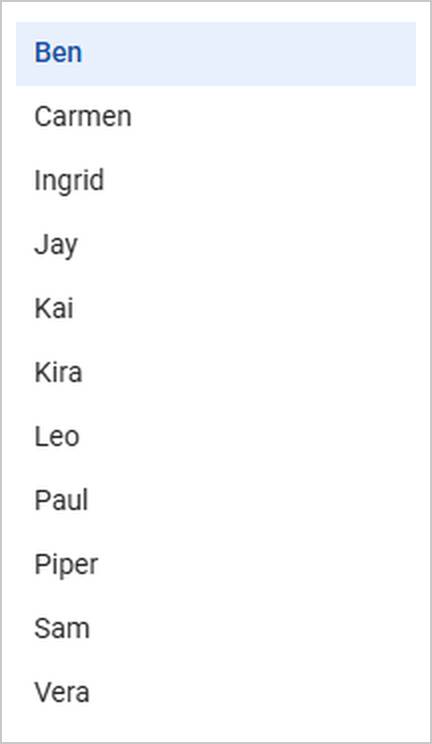 既製アバターの選択肢の一覧。Ben、Carmen、Ingrid、Jay、Kai、Kira、Leo、Paul、Piper、Sam、Veraの11人の名前が並び、画像をアップロードする項目はない