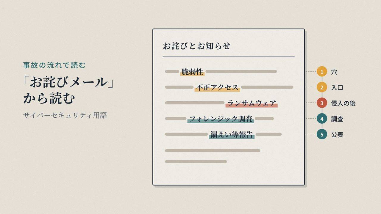 「お詫びメール」から読むサイバーセキュリティ用語｜事故の流れで分かる58語