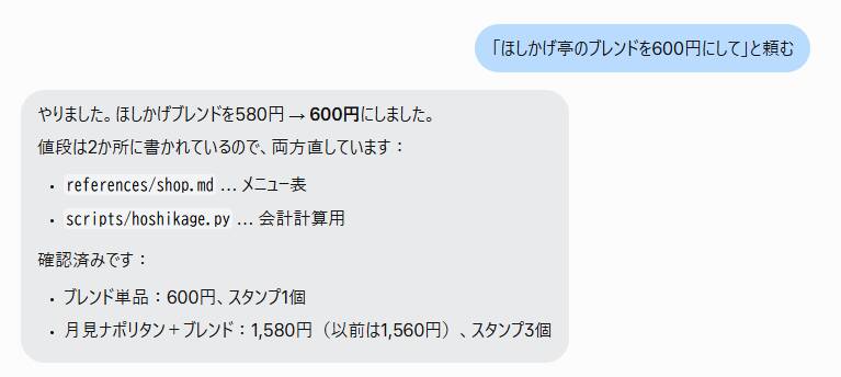 ブレンドを600円にする依頼に、案内文とスクリプトの2か所を直したと答えるMuseの回答