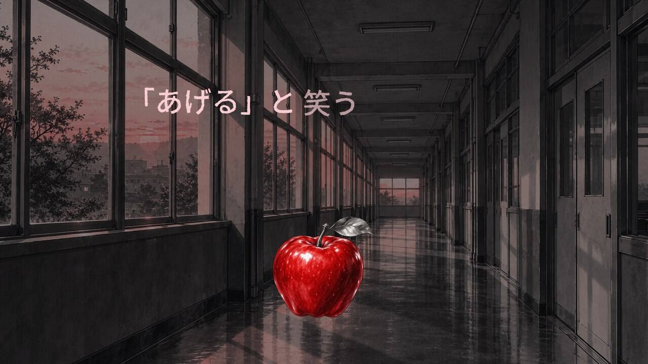 夕暮れの学校の廊下の背景に、歌詞の一部が薄い文字で出ている。手前の床に、赤いりんごがある