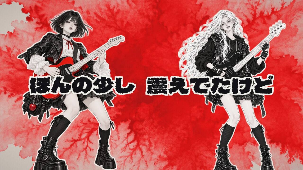 赤い滲みの背景に、太い黒い文字で歌詞の一部が出ている。左右に、2人のキャラクター