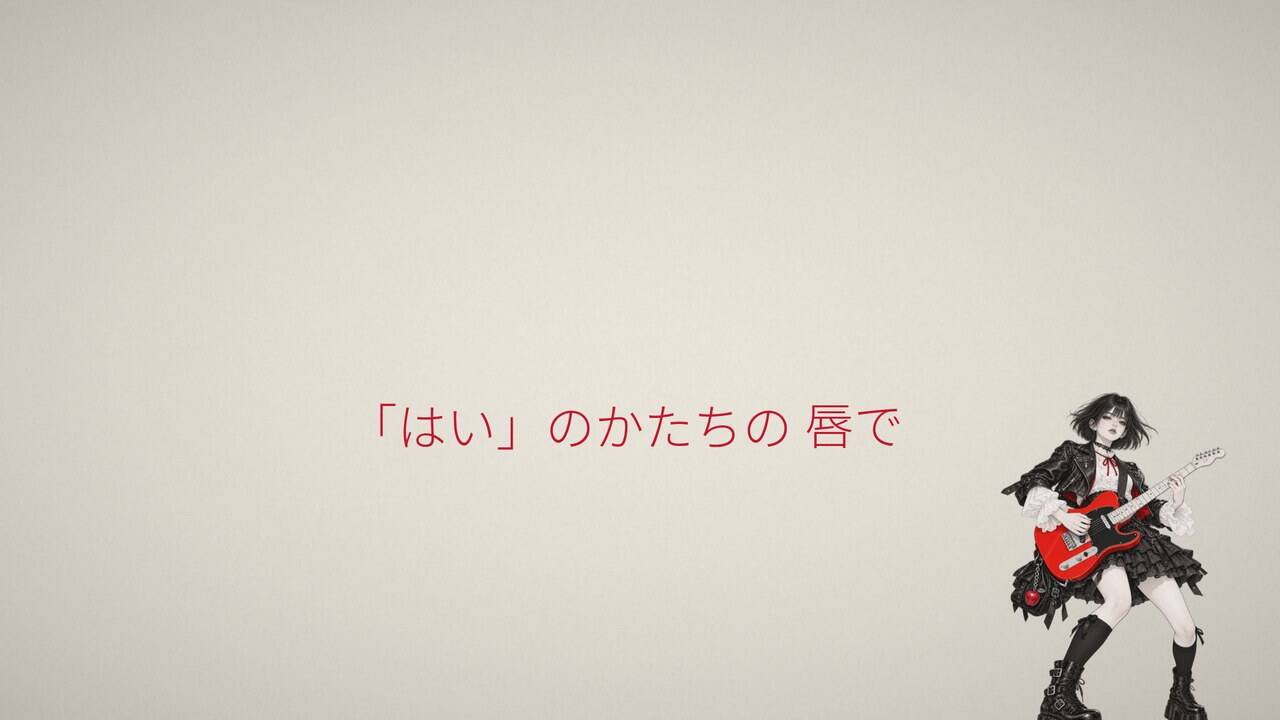 白いクリーム色の紙の背景に、赤い細い文字で歌詞の一部が出ている。右下に、赤いギターを持つ小さなキャラクター