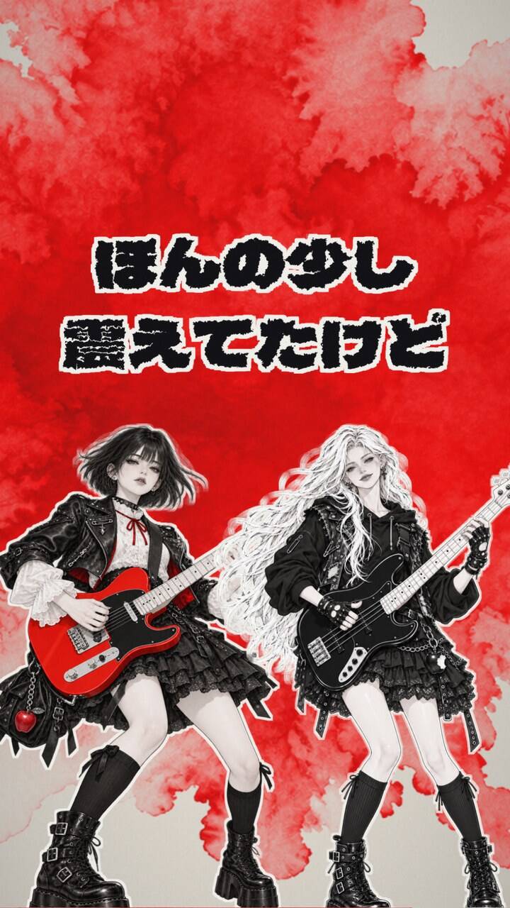 赤い滲みの背景。画面の上半分に、太い黒い文字で歌詞の一部、下半分に、2人のキャラクター