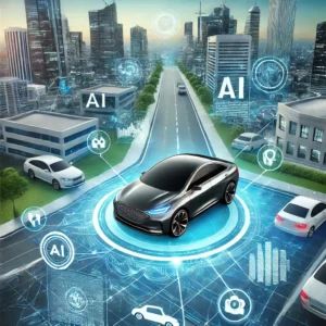 DALLE 2024-07-05 085837 - A futuristic cityscape featuring autonomous vehicles A sleek car is at the center surrounded by digital interfaces showing AI software in action Th - innovaTopia
