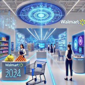 DALLE 2024-07-10 090523 - A futuristic Walmart store at CES 2024 showcasing innovative AI-powered shopping experiences The scene includes automated shopping carts virtual sh - innovaTopia