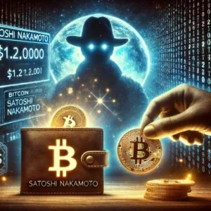 DALLE 2024-07-13 073551 - A mysterious scene with a digital wallet labeled Satoshi Nakamoto A significant amount of million being transferred with Bitcoin symbols and - innovaTopia
