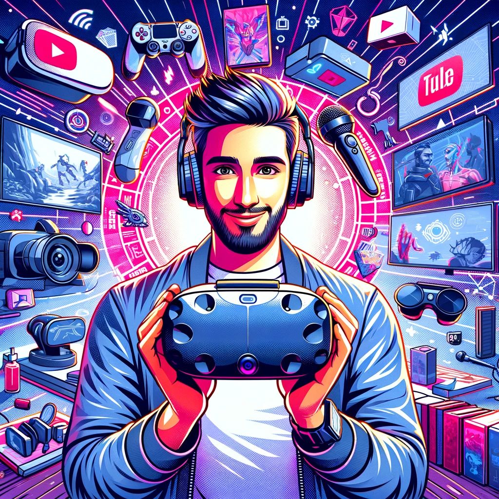 DALLE 2024-06-16 075603 - An illustration of the VR industry trends with a YouTuber reviewing a new game The background shows various VR devices and games highlighting the dy - innovaTopia