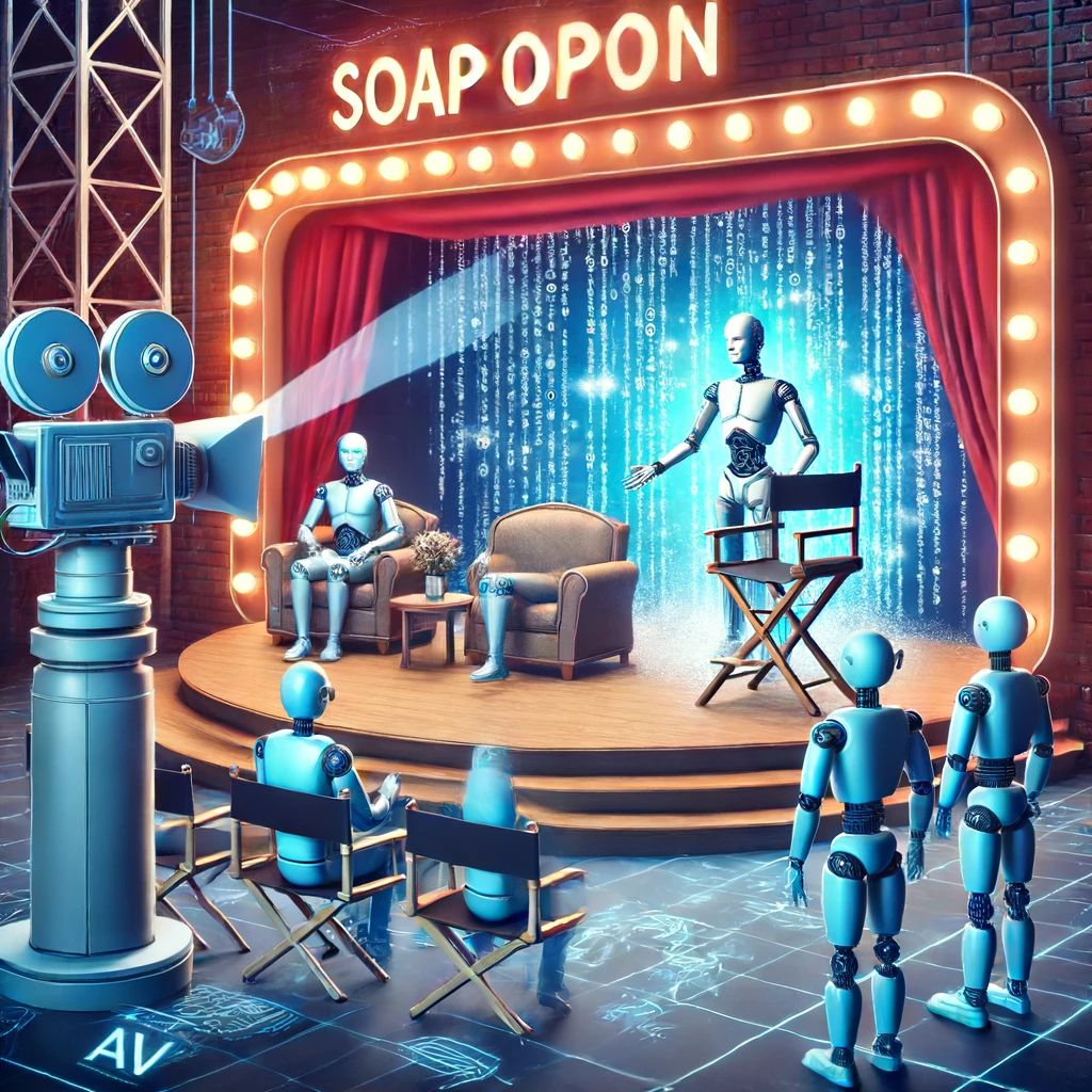 DALLE 2024-06-16 081624 - An illustration of AI creating a soap opera The scene shows a TV set with AI robots directing and producing a dramatic scene blending traditional te - innovaTopia