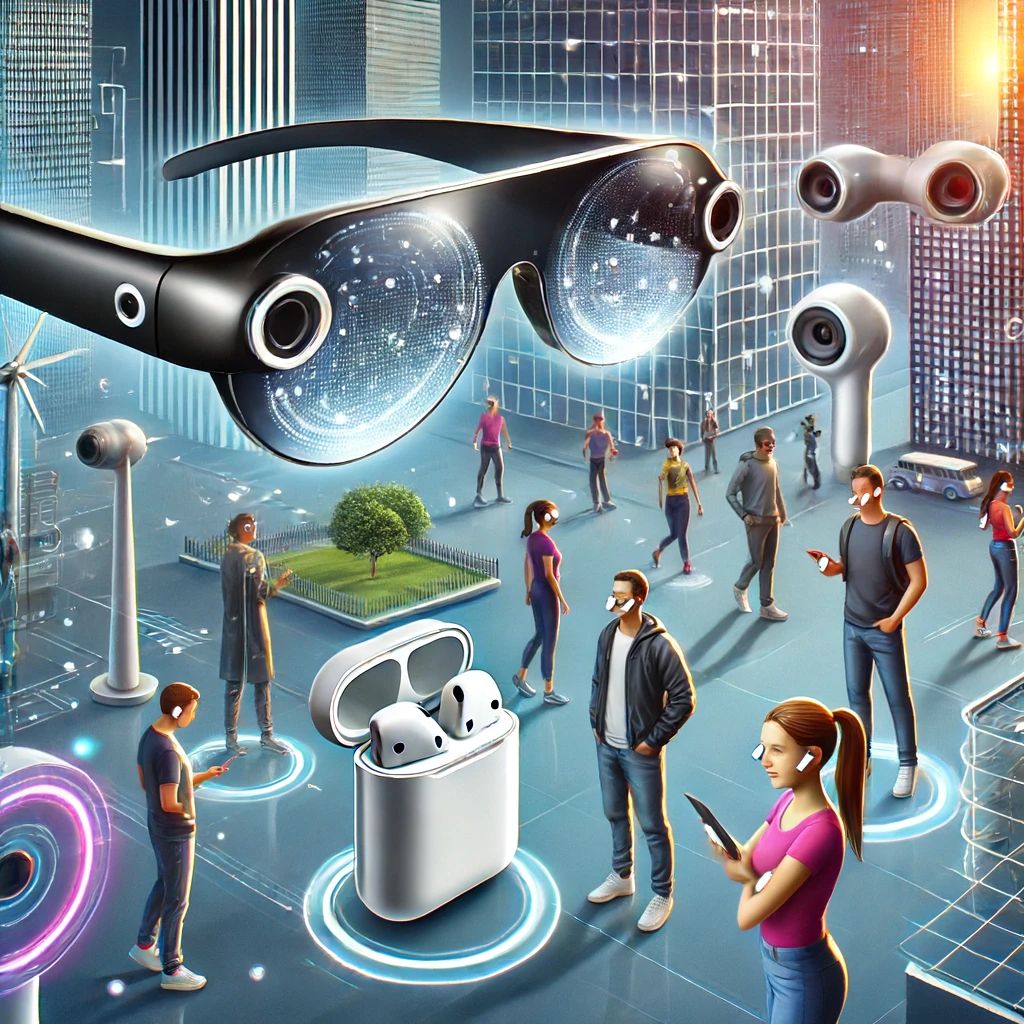 DALLE 2024-06-16 081626 - An illustration of futuristic AI-powered smart glasses and AirPods with cameras The scene shows people using these devices in a modern city highligh - innovaTopia