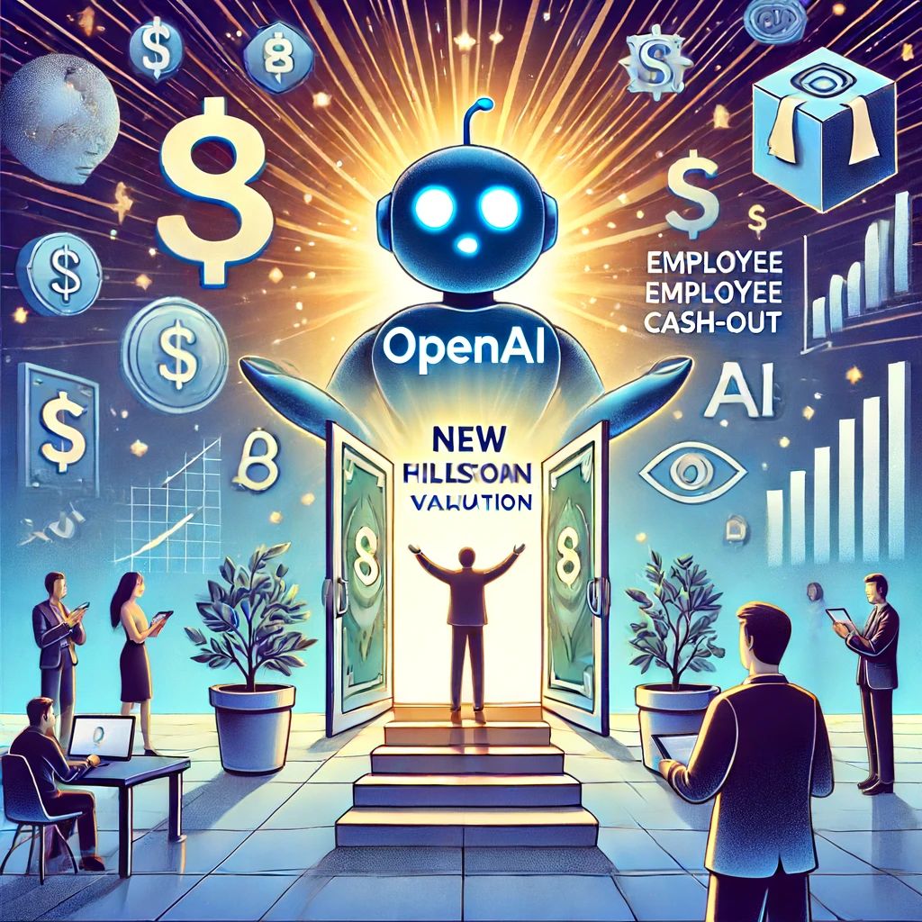 DALLE 2024-06-17 045520 - An illustration of OpenAI reaching a new milestone with an billion valuation opening the path for employee stock cash-out depicting growth finan - innovaTopia