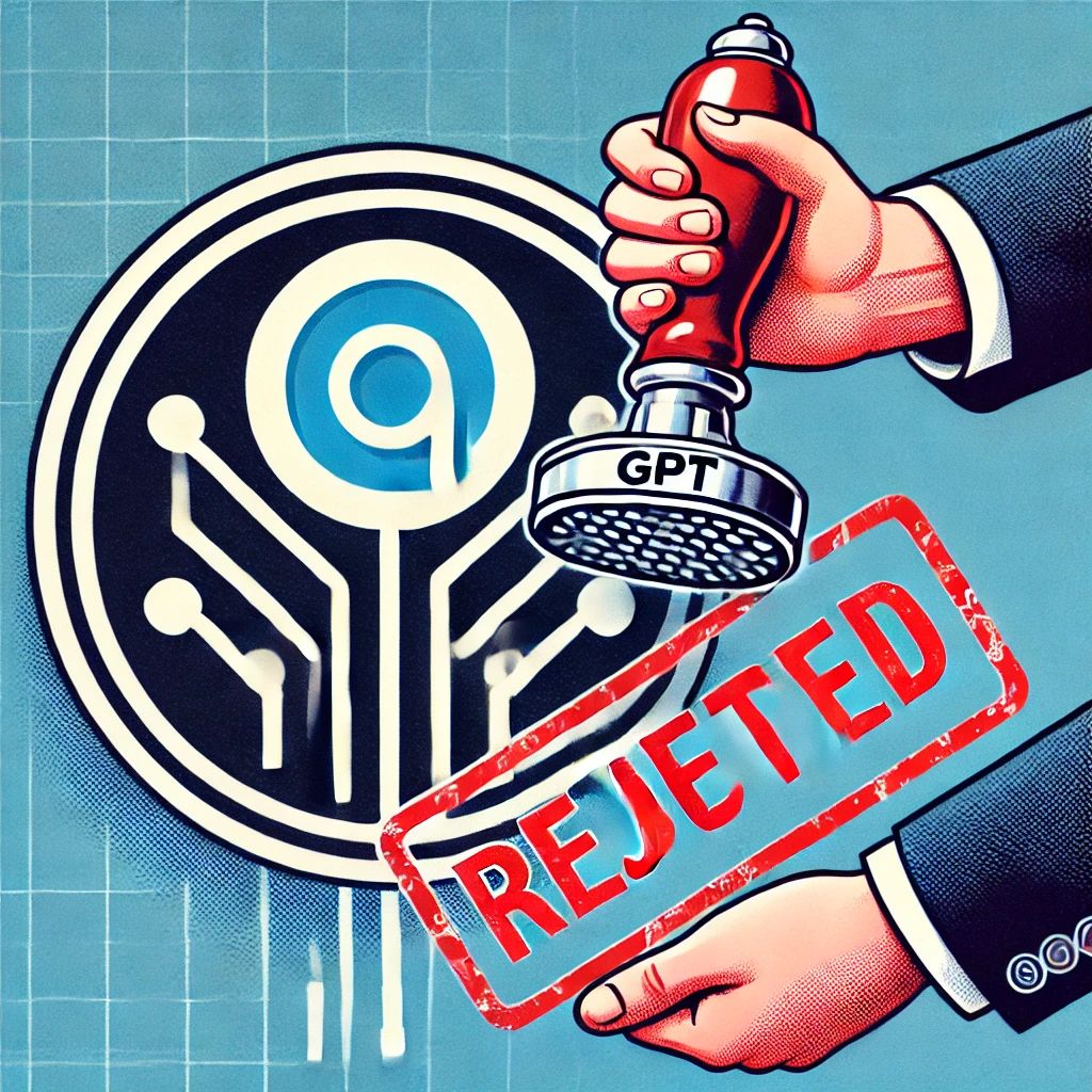 DALLE 2024-06-28 085659 - An illustration showing the OpenAI logo and a rejected trademark stamp symbolizing the denial of the GPT trademark registration and its impact on t - innovaTopia