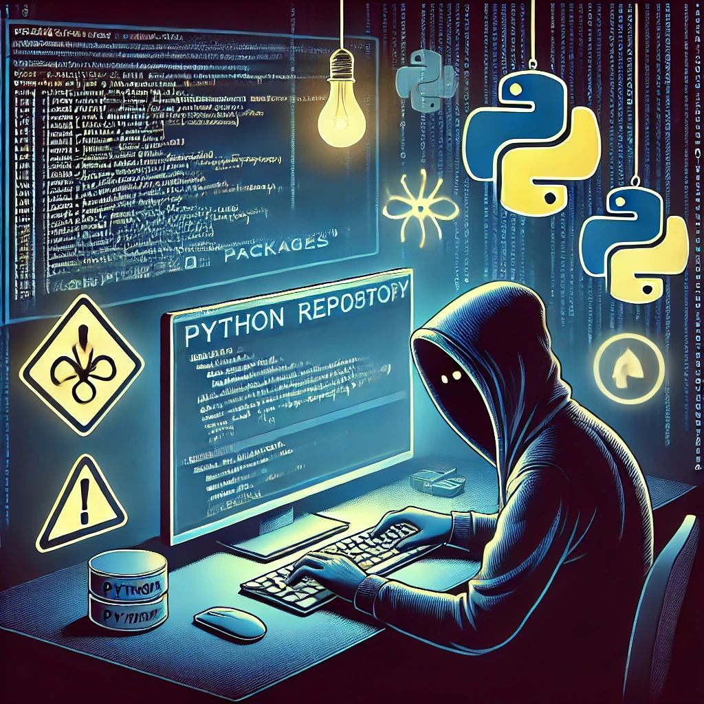 DALLE 2024-06-29 082610 - An illustration of a hacker in a dark room manipulating a Python repository on a computer screen Malicious code is visible with warning signs and c - innovaTopia