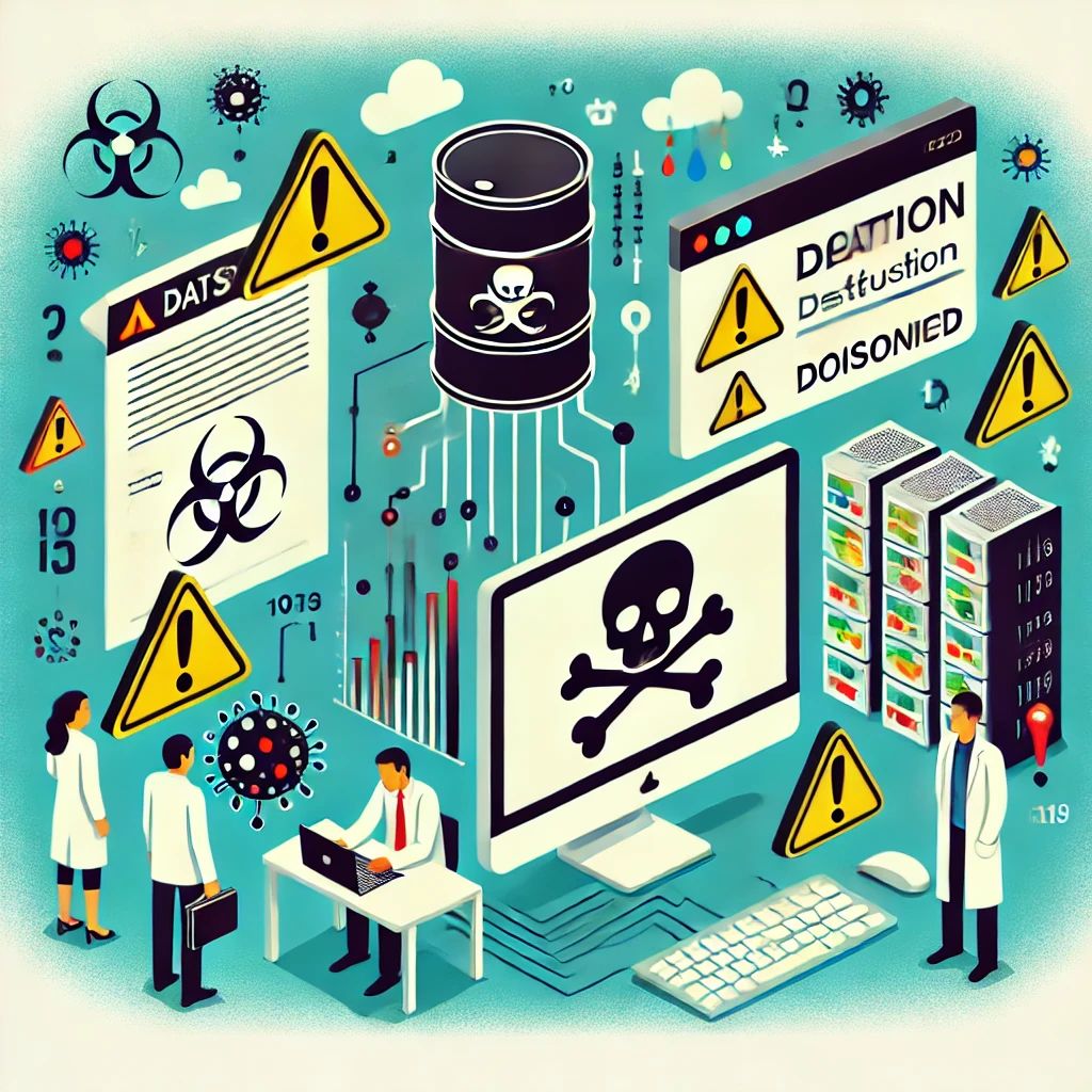 DALLE 2024-07-10 080459 - Illustration depicting the crisis of machine learning datasets being poisoned Include elements such as a computer with corrupted data warning symbol - innovaTopia
