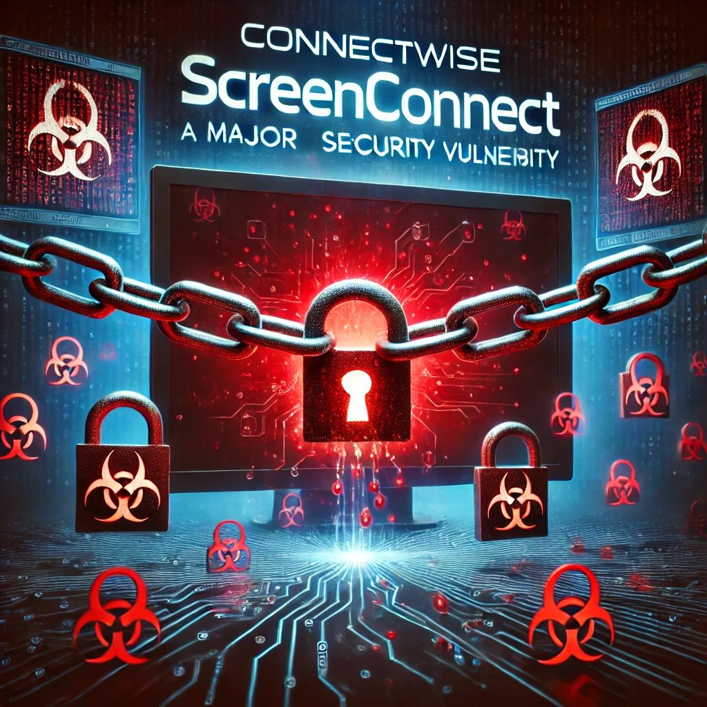 DALLE 2024-09-27 060608 - An image showing a broken chain of digital locks with the text ConnectWise ScreenConnect in the background surrounded by ransomware symbols The ba - innovaTopia