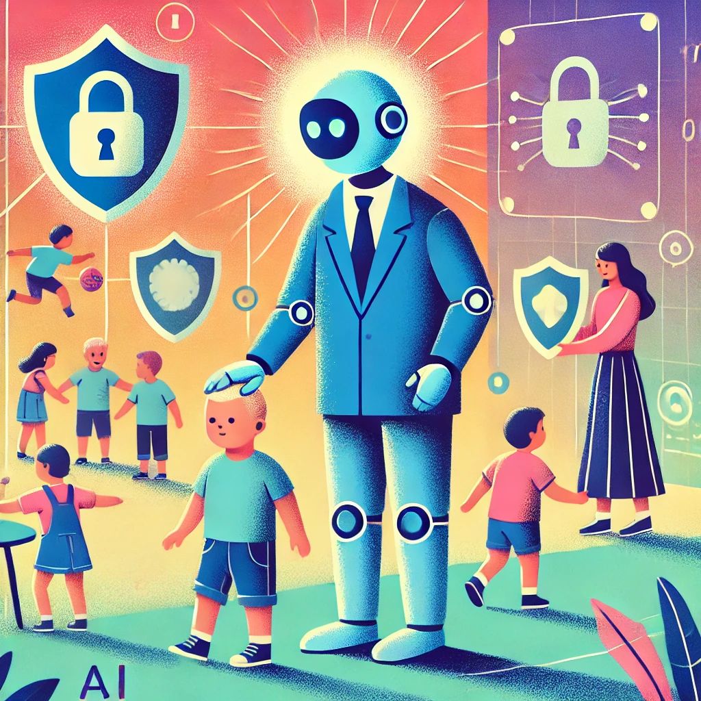 DALLE 2024-10-08 061050 - An illustration representing new safety standards in Australia with an emphasis on AI protecting children Show a caring AI figure overseeing a group - innovaTopia