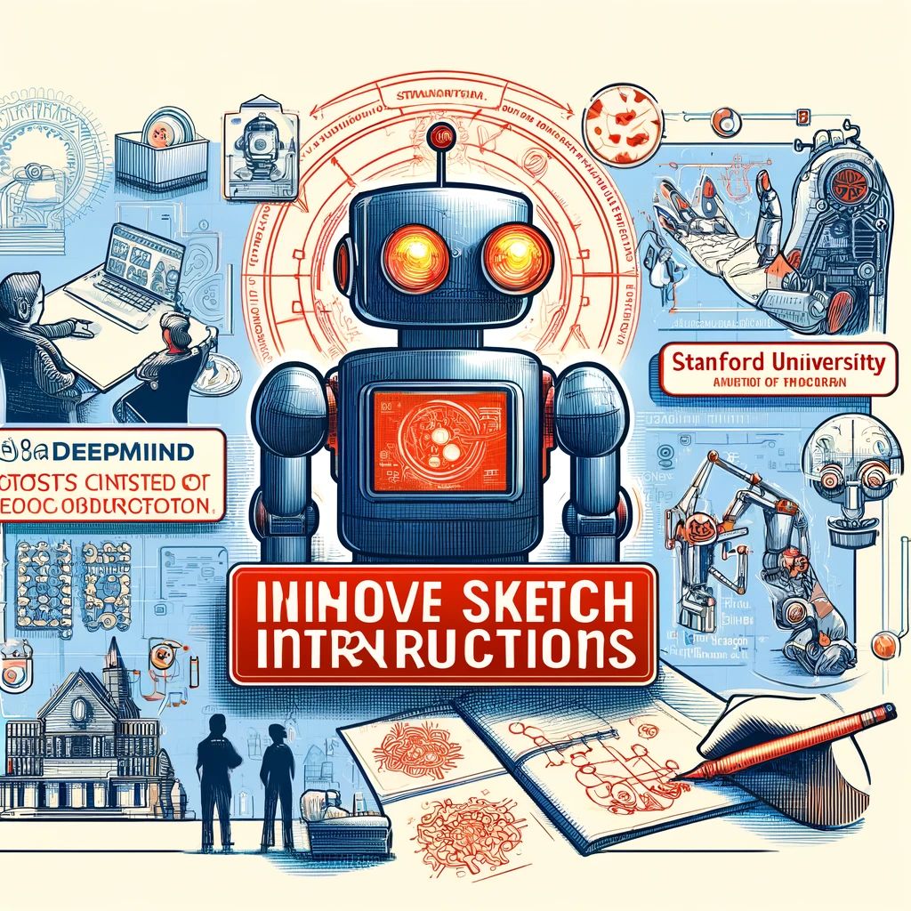 DALLE 2024-06-11 045506 - An illustration showing Stanford University and DeepMind innovating robot control through sketch instructions Highlight robots sketches and advance - innovaTopia