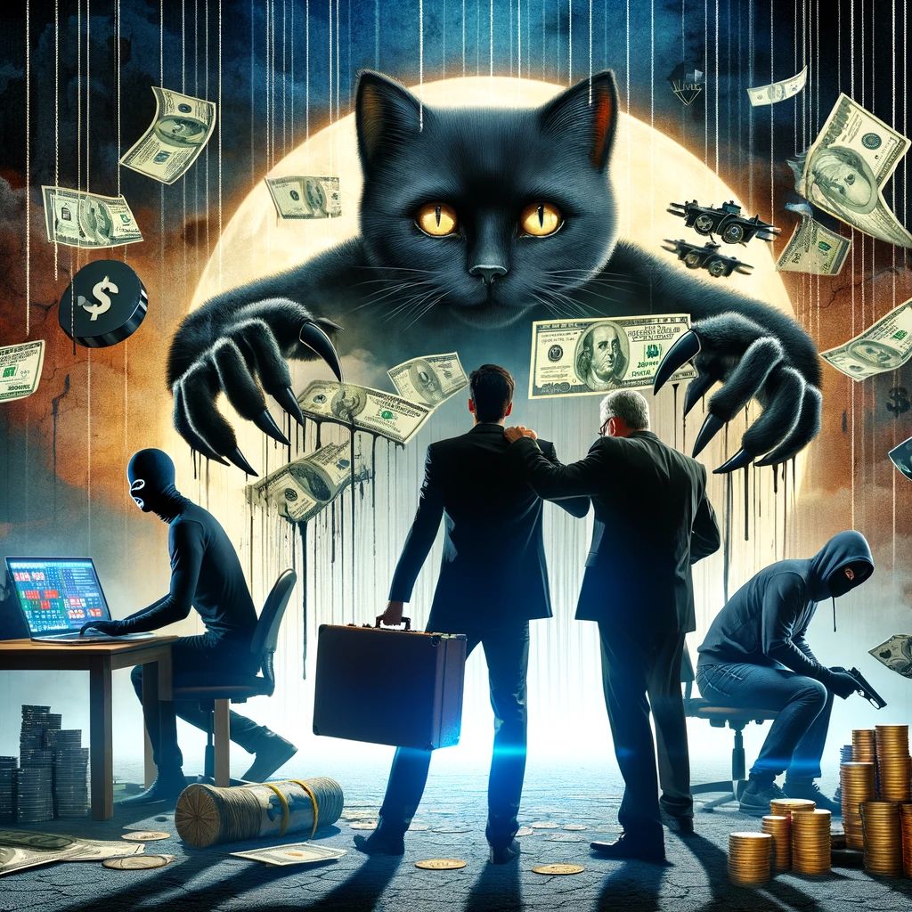 DALLE 2024-06-12 170922 - A dramatic scene depicting the BlackCat scam ceasing operations after stealing million with elements of betrayal and cybercrime - innovaTopia