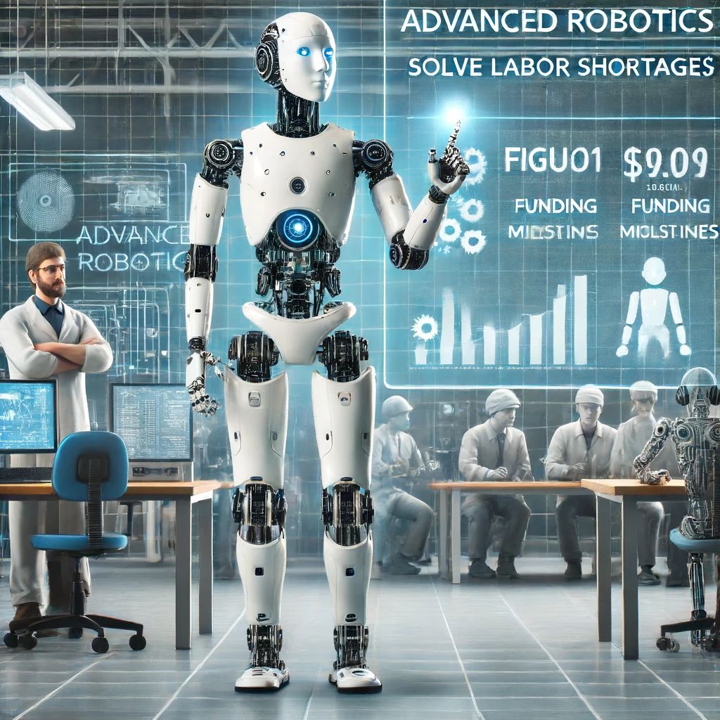 DALLE 2024-06-14 080209 - A scene showcasing the humanoid robot Figure 01 with significant funding and its potential to solve labor shortages The background features an adva - innovaTopia