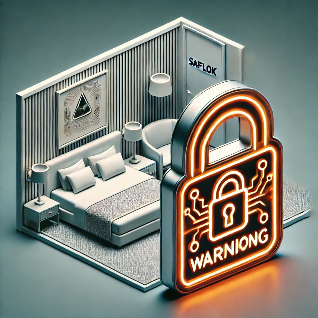DALLE 2024-07-03 050413 - An illustration of a hotel room door with a Saflok electronic lock and a warning symbol highlighting the security vulnerability found in Saflok elect - innovaTopia