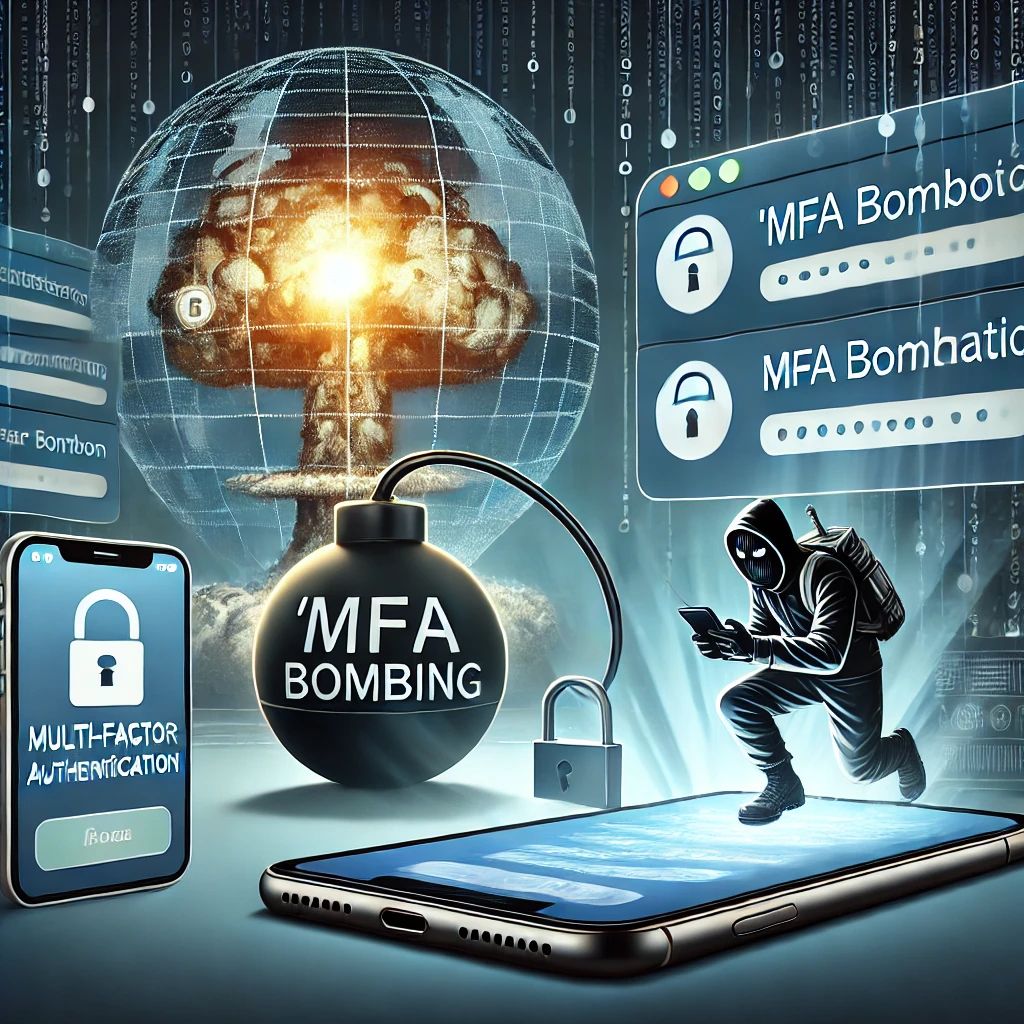 DALLE 2024-07-08 065528 - An illustration of a new method called MFA bombing targeting multi-factor authentication The scene includes digital security elements a smartphone - innovaTopia