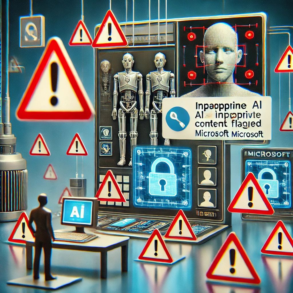 DALLE 2024-09-12 051207 - A digital illustration showing an AI image generation tool interface with warning pop-ups and red alert symbols indicating inappropriate content bein - innovaTopia