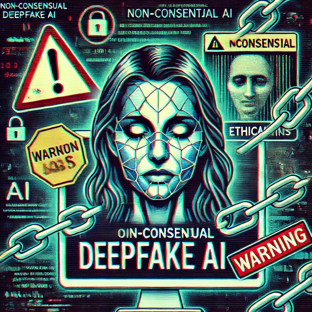 DALLE 2024-09-24 050748 - A serious illustration warning about the dangers of non-consensual deepfake AI It features a dark theme with a computer screen displaying a distorted - innovaTopia