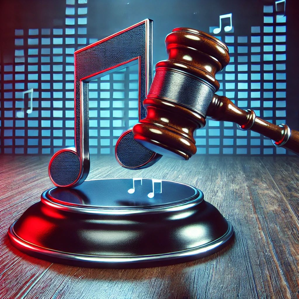 DALLE 2024-09-27 065020 - An image depicting a gavel striking down on a digital music note representing legal action in the music streaming industry The background should hav - innovaTopia