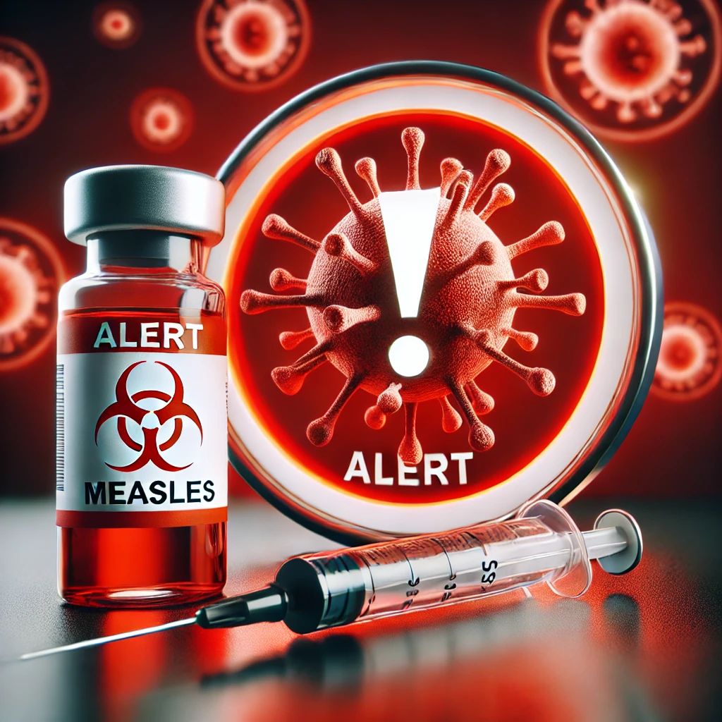 DALLE 2024-10-03 060229 - A medical alert image showing a rise in measles cases in the US The image features a red alert symbol a stylized virus representation of measles a - innovaTopia